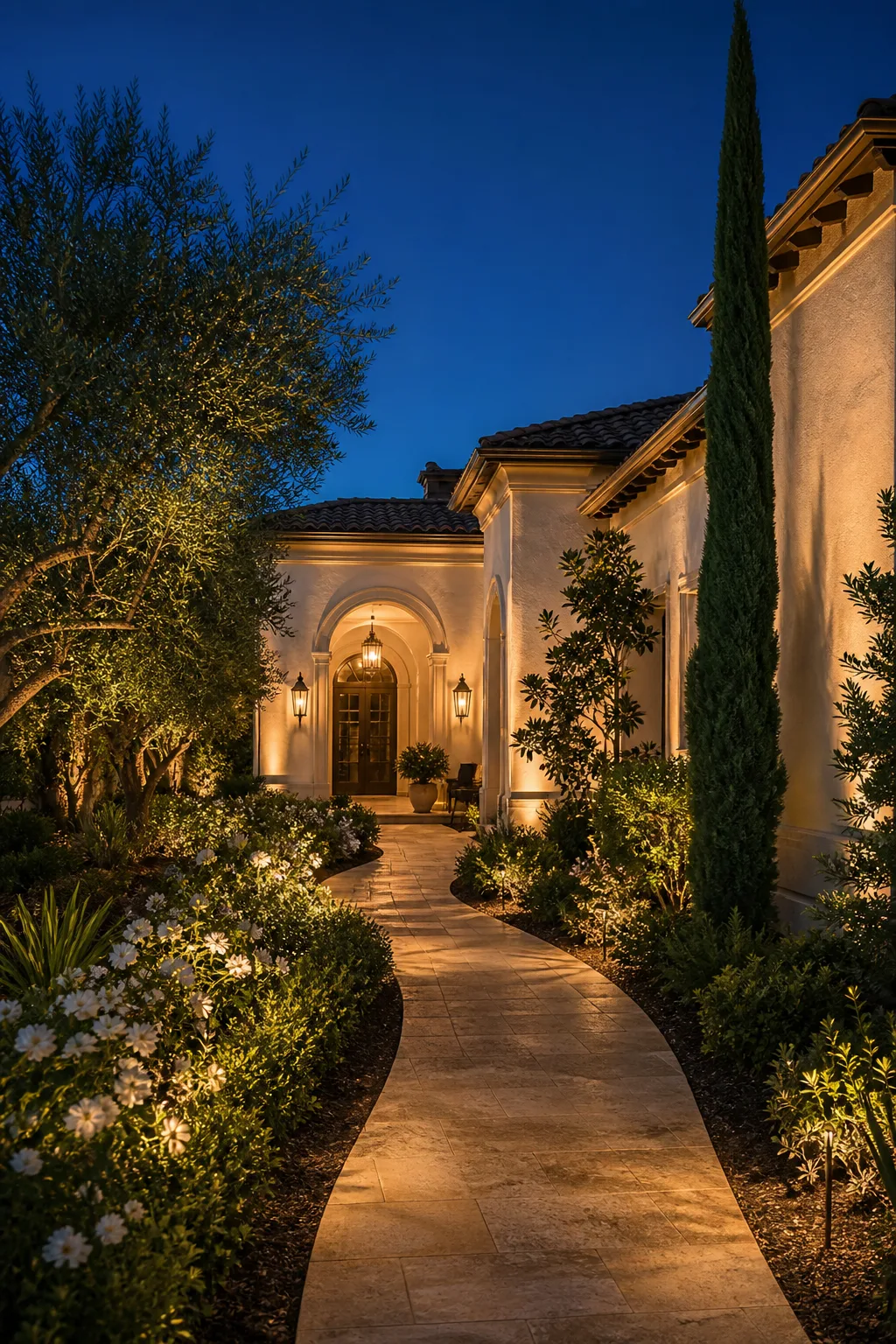 Curved walkway lit through flower borders to a lit entry