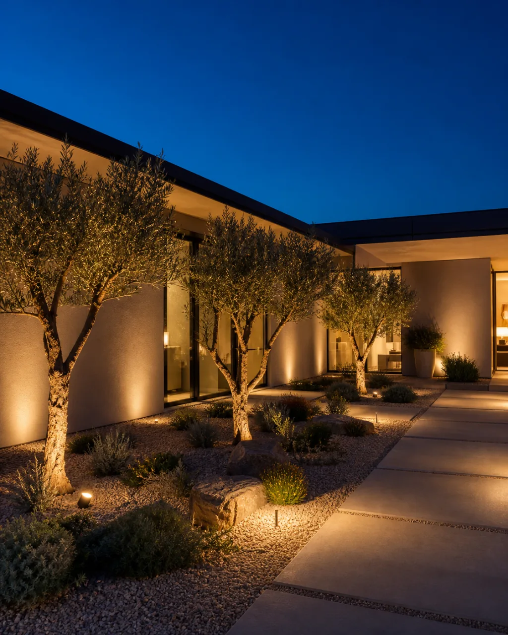 Olive trees uplit against a modern stucco courtyard wall at night