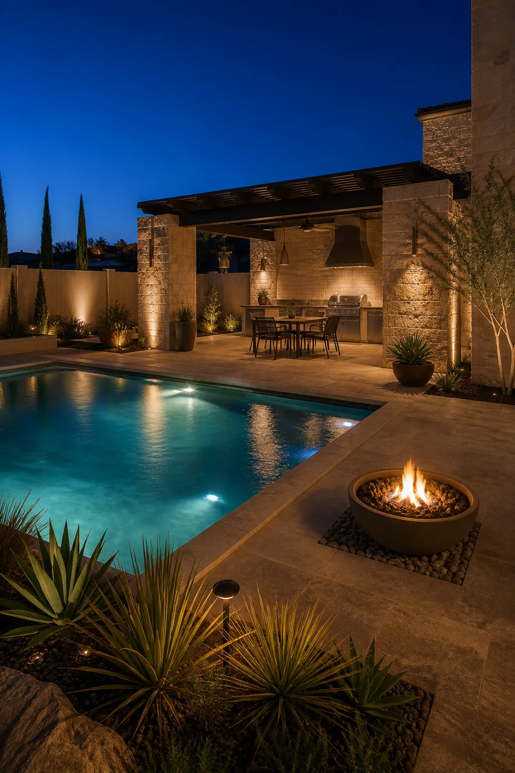 Lit pool, pergola outdoor kitchen, and fire bowl at dusk